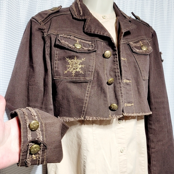 Banana Dark Brown Denim Crop Raw Edge Military Jacket Women's (S**) Made in USA - Picture 3 of 14